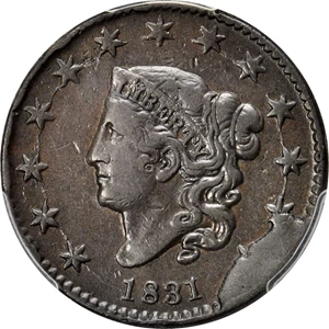 image for: 1831 Matron Head Cent. N-12/3. Rarity-1 (Rarity-5 as die state). Large Letters. Noyes Die State J/B. VF-30 (PCGS). CAC.