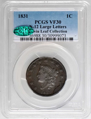 image for: 1831 Matron Head Cent. N-12/3. Rarity-1 (Rarity-5 as die state). Large Letters. Noyes Die State J/B. VF-30 (PCGS). CAC.
