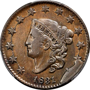 image for: 1831 Matron Head Cent. N-12/4. Rarity-1 (Rarity-5 as die state). Large Letters. Noyes Die State J/B. VF-35 (PCGS). CAC.