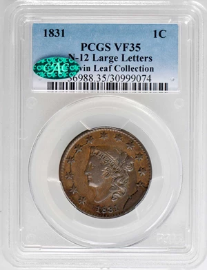 image for: 1831 Matron Head Cent. N-12/4. Rarity-1 (Rarity-5 as die state). Large Letters. Noyes Die State J/B. VF-35 (PCGS). CAC.