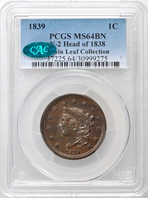 image for: 1839 Modified Matron Head Cent. N-2. Rarity-2. Head of 1838. Noyes Die State A/A. MS-64 BN (PCGS). CAC.