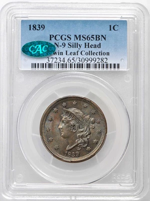 image for: 1839 Modified Matron Head Cent. N-9. Rarity-2. Silly Head. Noyes Die State G/C. MS-65 BN (PCGS). CAC.