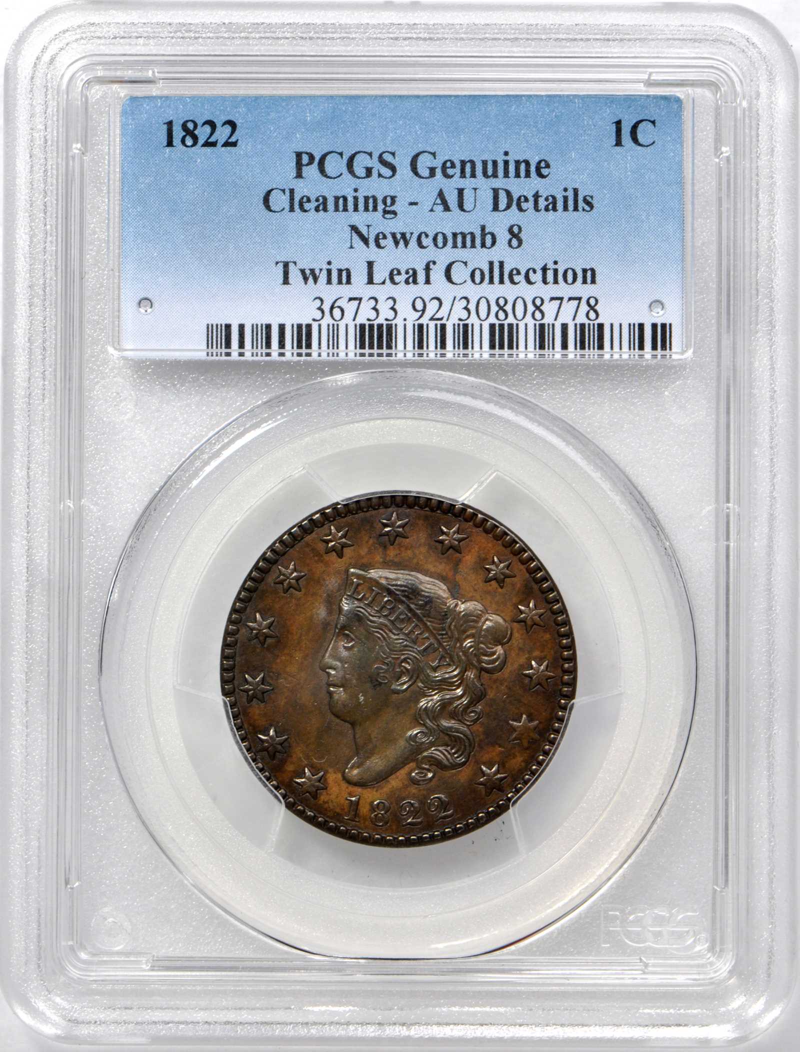 image for: 1822 Matron Head Cent. N-8. Rarity-4. Noyes Die State A/C. AU Details--Cleaning (PCGS).