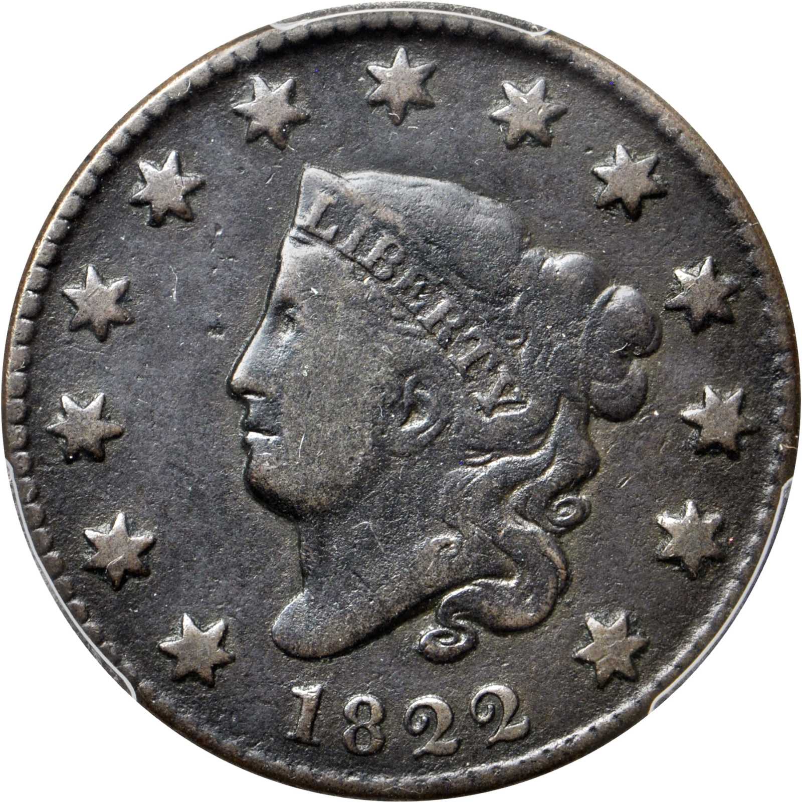 image for: 1822 Matron Head Cent. N-9. Rarity-5-. Noyes Die State B/F. Fine Details--Environmental Damage (PCGS).