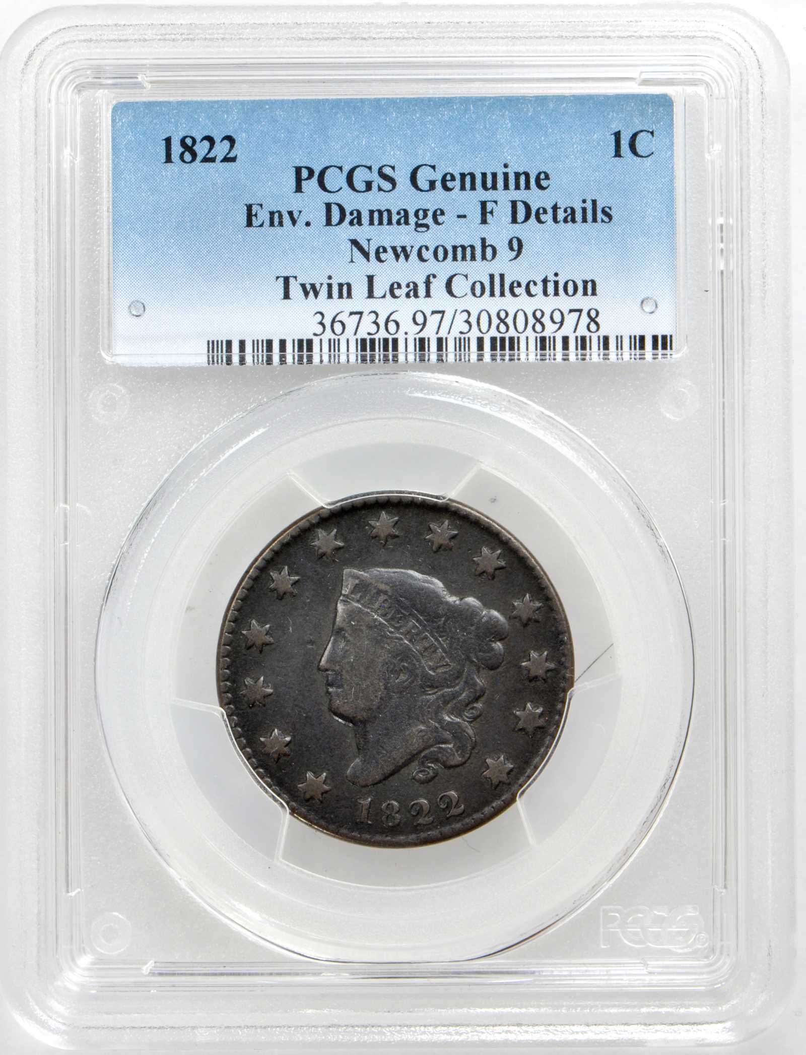 image for: 1822 Matron Head Cent. N-9. Rarity-5-. Noyes Die State B/F. Fine Details--Environmental Damage (PCGS).