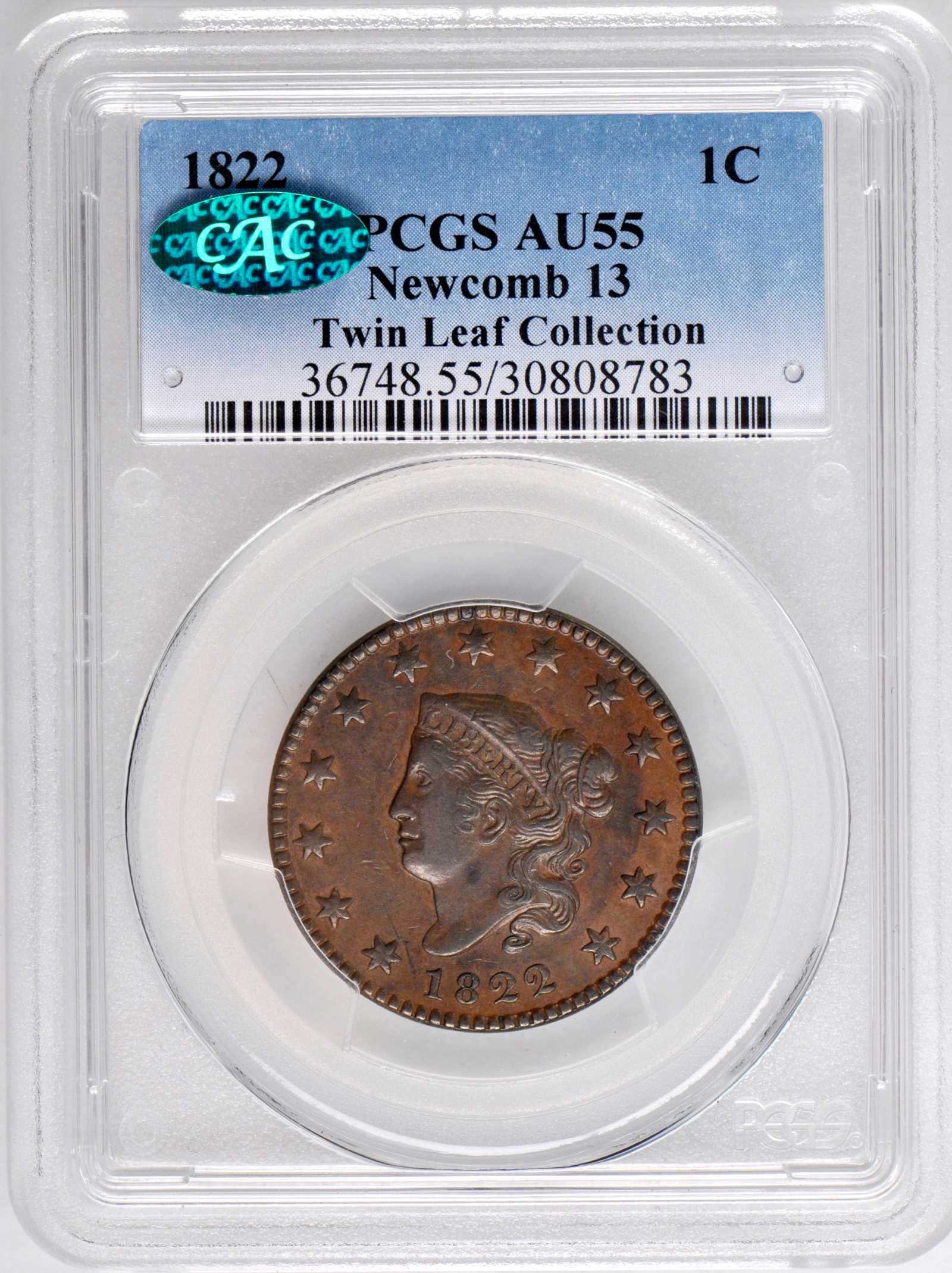 image for: 1822 Matron Head Cent. N-13. Rarity-5. Noyes Die State C/B. AU-55 (PCGS). CAC.