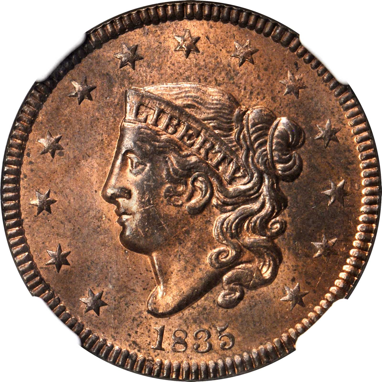 image for: 1835 Matron Head Cent. N-11. Rarity-4+. Small 8, Small Stars. Noyes Die State B/B. MS-65 RB (NGC).