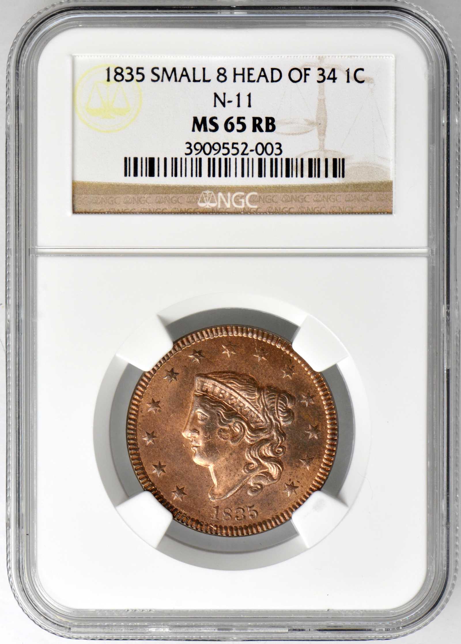 image for: 1835 Matron Head Cent. N-11. Rarity-4+. Small 8, Small Stars. Noyes Die State B/B. MS-65 RB (NGC).