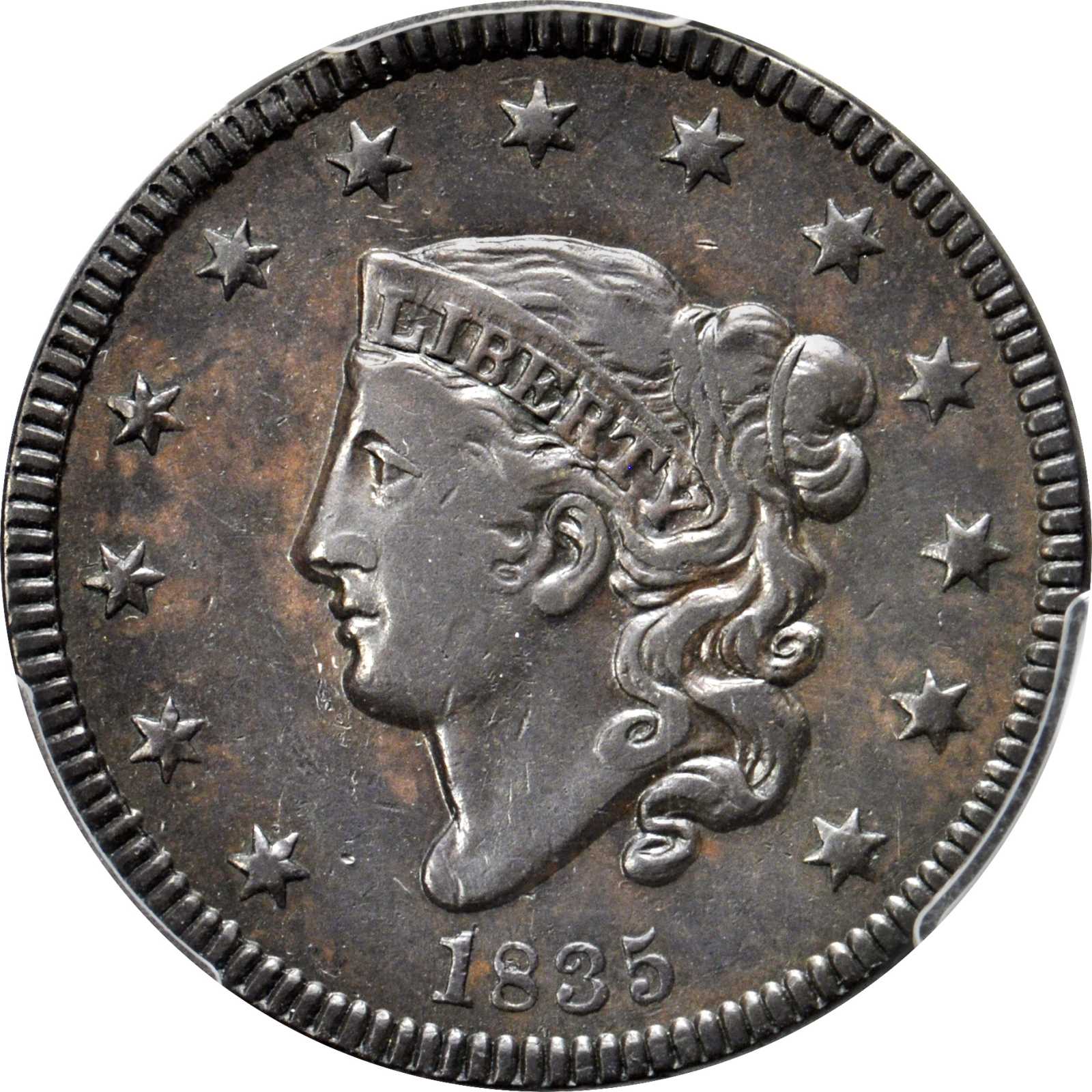 image for: 1835 Matron Head Cent. N-11. Rarity-4+. Small 8, Small Stars. Noyes Die State D/E. EF-40 (PCGS).