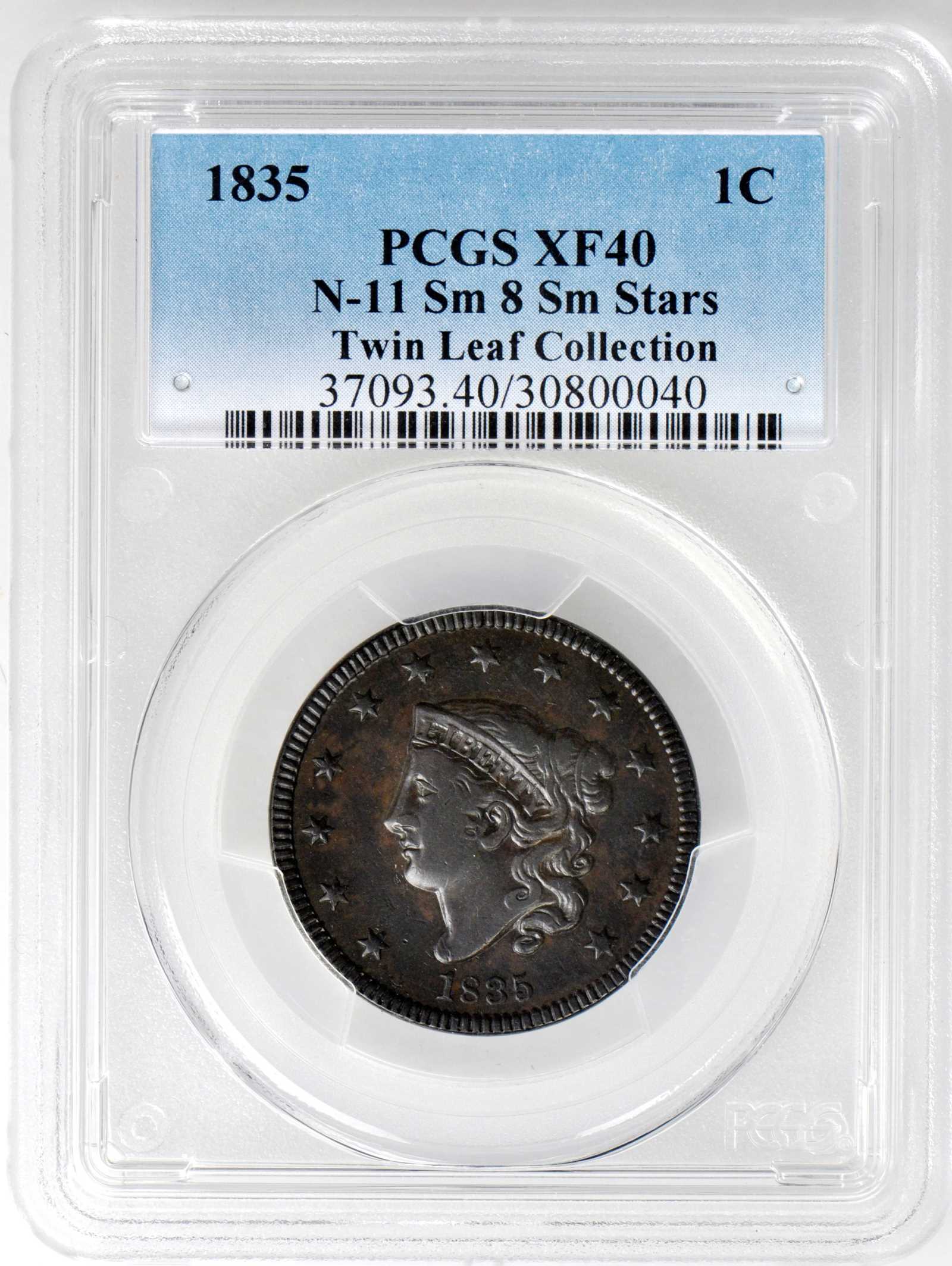 image for: 1835 Matron Head Cent. N-11. Rarity-4+. Small 8, Small Stars. Noyes Die State D/E. EF-40 (PCGS).