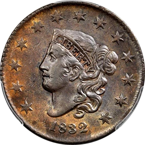 image for: 1832 Matron Head Cent. N-3. Rarity-1. Large Letters. Triple Profile. Noyes Die State B/C. AU-58 (PCGS). CAC.