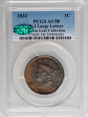image for: 1832 Matron Head Cent. N-3. Rarity-1. Large Letters. Triple Profile. Noyes Die State B/C. AU-58 (PCGS). CAC.