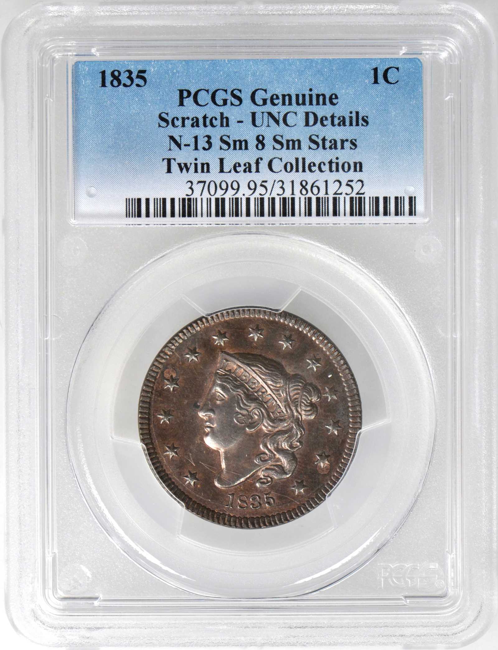 image for: 1835 Matron Head Cent. N-13. Unique as a Proof. Small 8, Small Stars. Noyes Die State B/C. Unc Details--Scratch (PCGS).