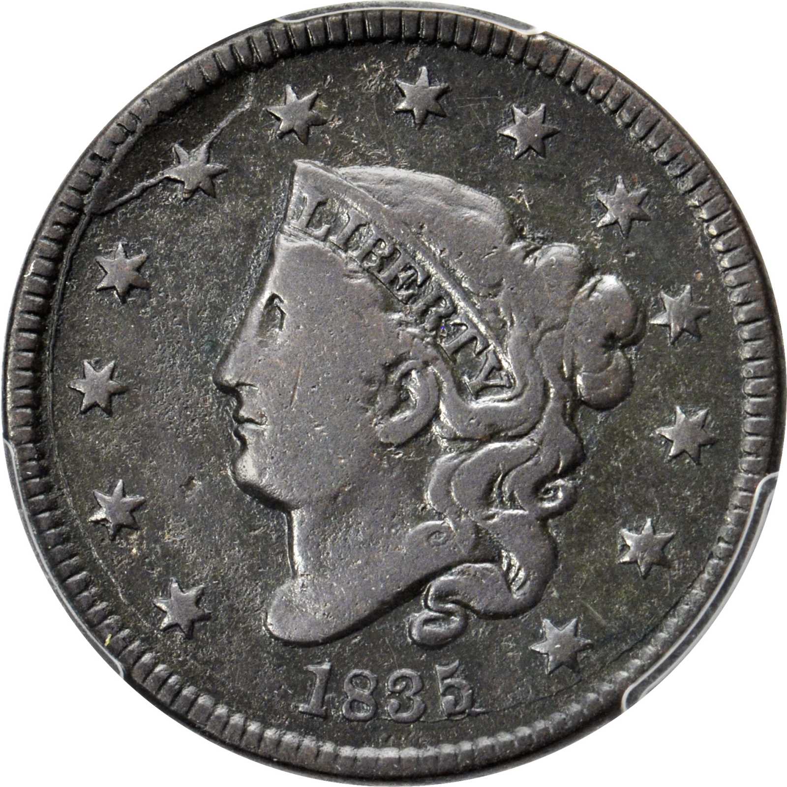 image for: 1835 Matron Head Cent. N-13. Rarity-3. Small 8, Small Stars. Noyes Die State E/D. Fine Details--Environmental Damage (PCGS).