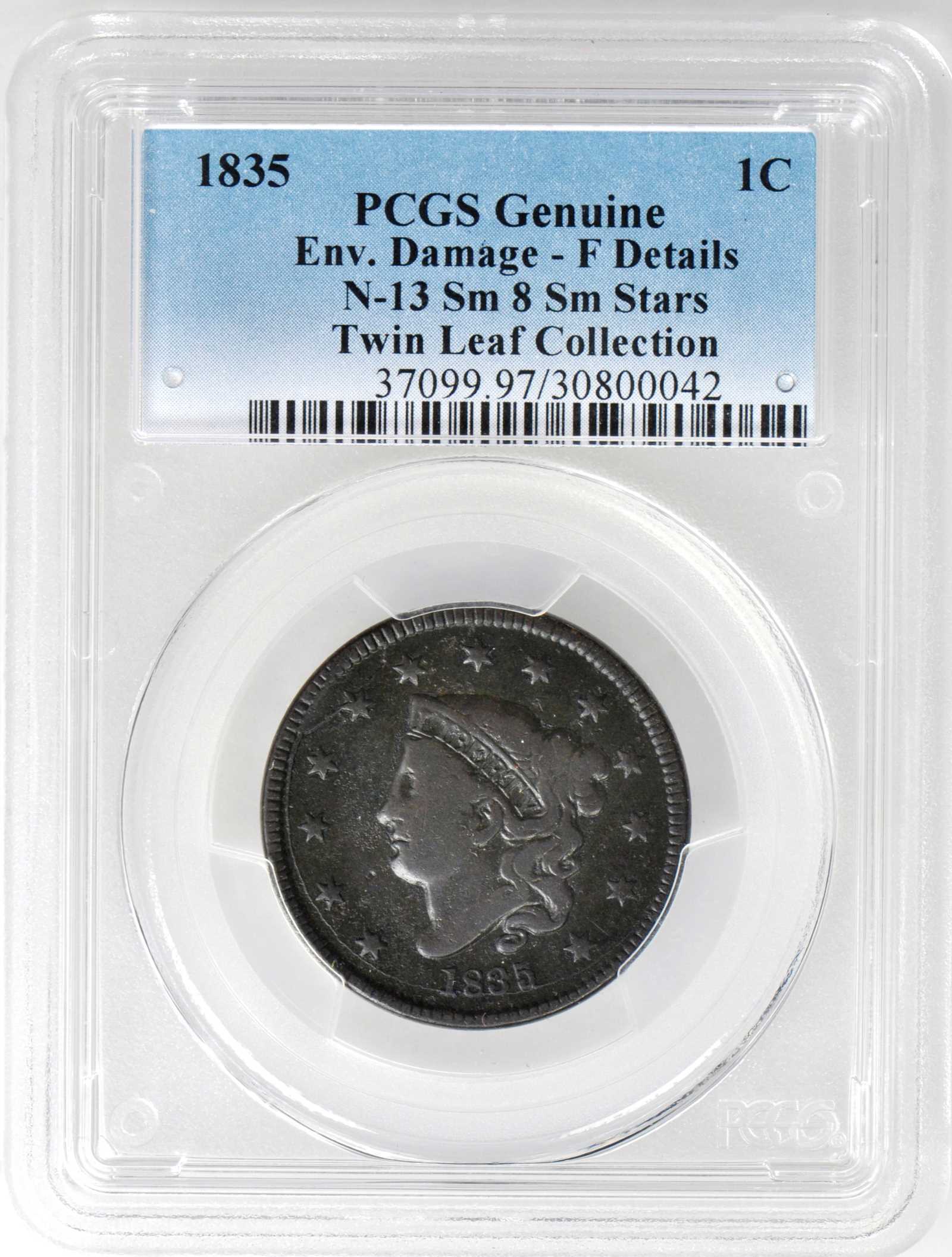 image for: 1835 Matron Head Cent. N-13. Rarity-3. Small 8, Small Stars. Noyes Die State E/D. Fine Details--Environmental Damage (PCGS).