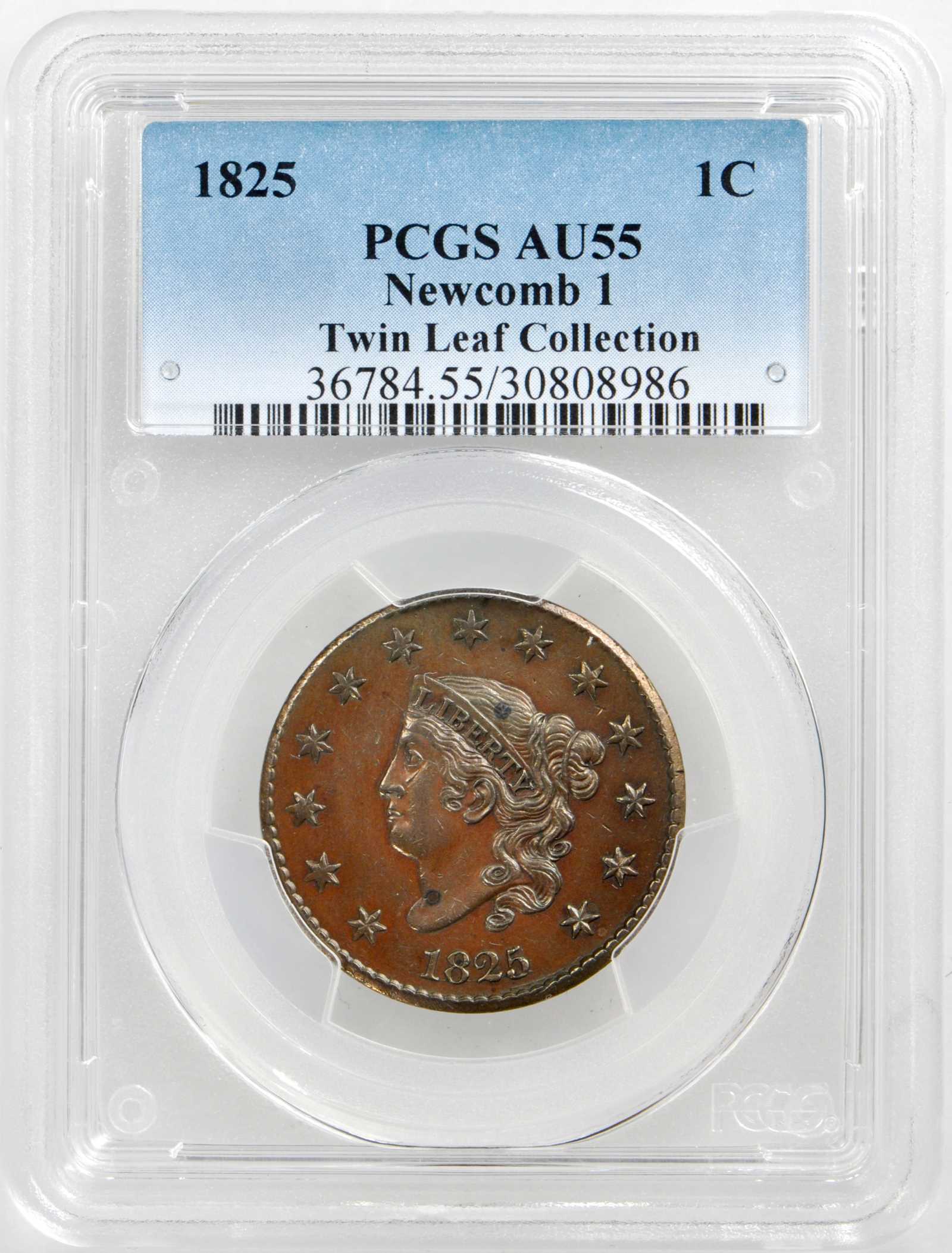 image for: 1825 Matron Head Cent. N-1. Rarity-4. Noyes Die State B/A. AU-55 (PCGS).