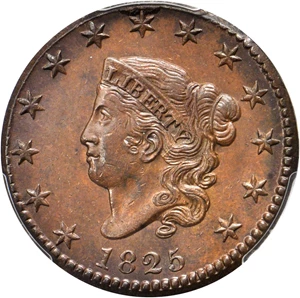 image for: 1825 Matron Head Cent. N-10. Rarity-3. Noyes Die State C/A. MS-62 BN (PCGS).