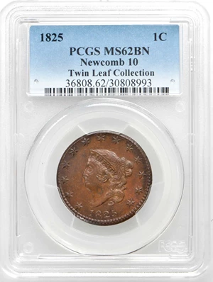 image for: 1825 Matron Head Cent. N-10. Rarity-3. Noyes Die State C/A. MS-62 BN (PCGS).