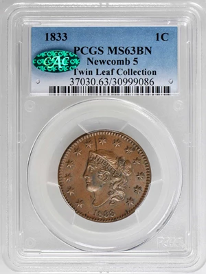 image for: 1833 Matron Head Cent. N-5. Rarity-1. Noyes Die State C/B. MS-63 BN (PCGS). CAC.