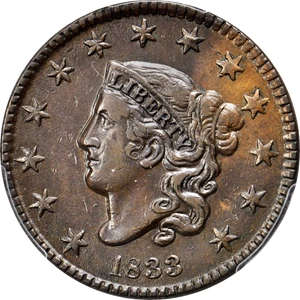 image for: 1833 Matron Head Cent. N-6. Rarity-1. Double Profile. Noyes Die State B/B. EF-45 (PCGS).