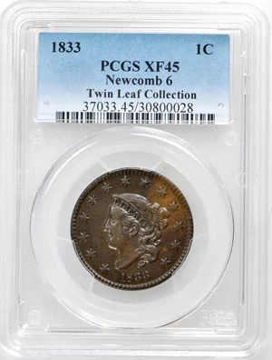 image for: 1833 Matron Head Cent. N-6. Rarity-1. Double Profile. Noyes Die State B/B. EF-45 (PCGS).