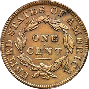 image for: 1834 Matron Head Cent. N-1. Rarity-1. Small 8, Large Stars, Medium Letters. Noyes Die State B/B. AU-53 (PCGS).