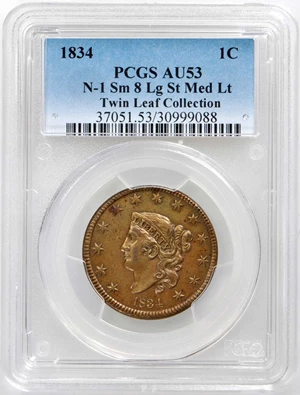 image for: 1834 Matron Head Cent. N-1. Rarity-1. Small 8, Large Stars, Medium Letters. Noyes Die State B/B. AU-53 (PCGS).