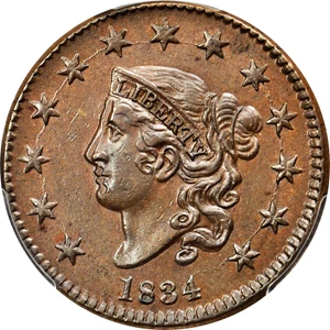 image for: 1834 Matron Head Cent. N-2. Rarity-1. Small 8, Large Stars, Medium Letters. Noyes Die State B/C. AU-58 (PCGS). CAC.