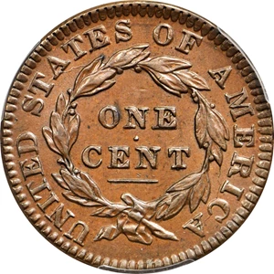 image for: 1834 Matron Head Cent. N-2. Rarity-1. Small 8, Large Stars, Medium Letters. Noyes Die State B/C. AU-58 (PCGS). CAC.