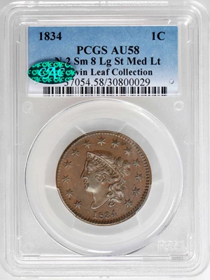 image for: 1834 Matron Head Cent. N-2. Rarity-1. Small 8, Large Stars, Medium Letters. Noyes Die State B/C. AU-58 (PCGS). CAC.