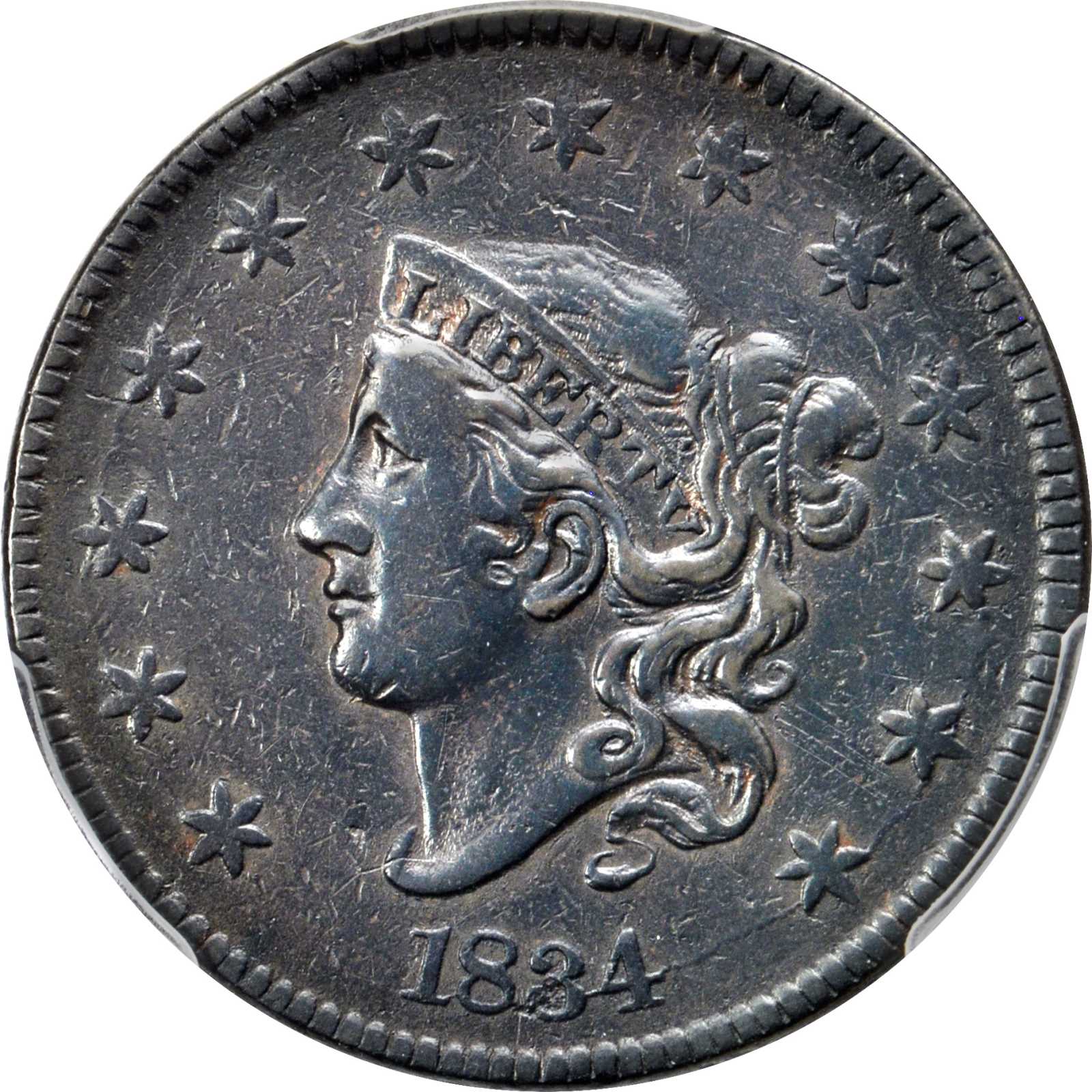 image for: 1834 Matron Head Cent. N-5. Rarity-4+. Large 8, Large Stars, Medium Letters. Noyes Die State C/E. VF Details--Cleaning (PCGS).
