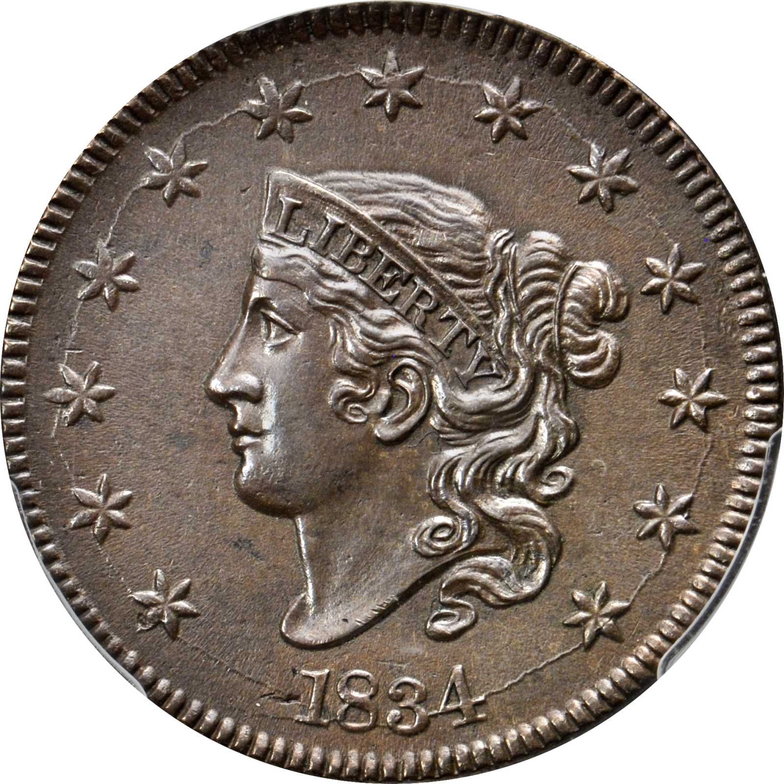 image for: 1834 Matron Head Cent. N-6. Rarity-3. Large 8, Large Stars, Large Letters. Noyes Die State B/C. Unc Details--Cleaning (PCGS).