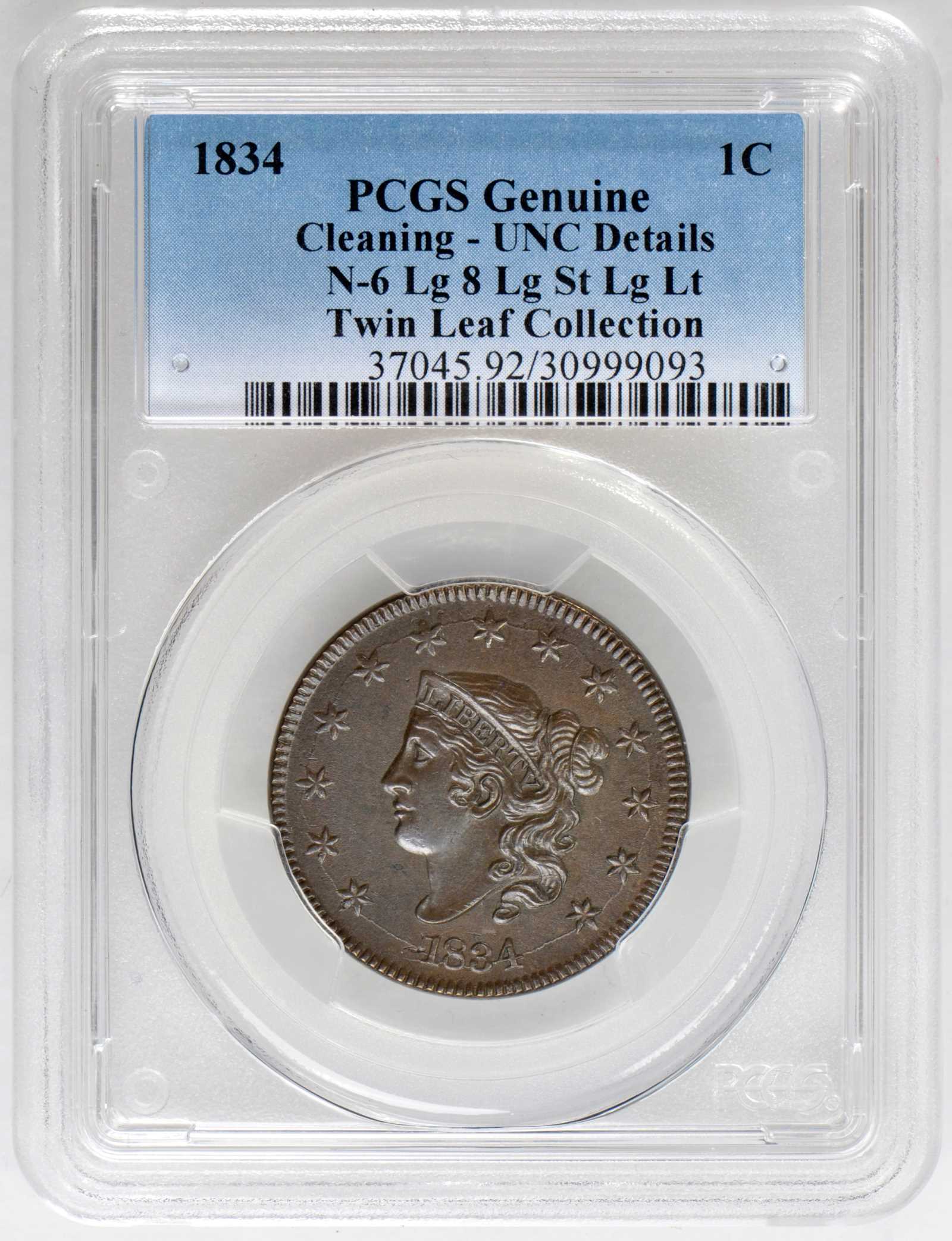 image for: 1834 Matron Head Cent. N-6. Rarity-3. Large 8, Large Stars, Large Letters. Noyes Die State B/C. Unc Details--Cleaning (PCGS).