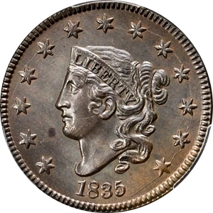 image for: 1835 Matron Head Cent. N-1. Rarity-1. Large 8 and Stars. Noyes Die State C/D. MS-63 BN (PCGS).