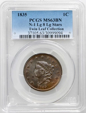 image for: 1835 Matron Head Cent. N-1. Rarity-1. Large 8 and Stars. Noyes Die State C/D. MS-63 BN (PCGS).