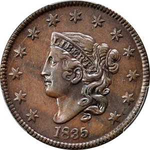 image for: 1835 Matron Head Cent. N-1. Rarity-1. Large 8 and Stars. Triple Profile. Noyes Die State D/D. EF-45 (PCGS). CAC.