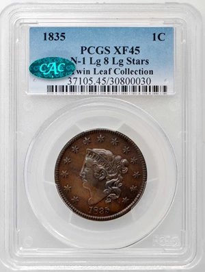 image for: 1835 Matron Head Cent. N-1. Rarity-1. Large 8 and Stars. Triple Profile. Noyes Die State D/D. EF-45 (PCGS). CAC.