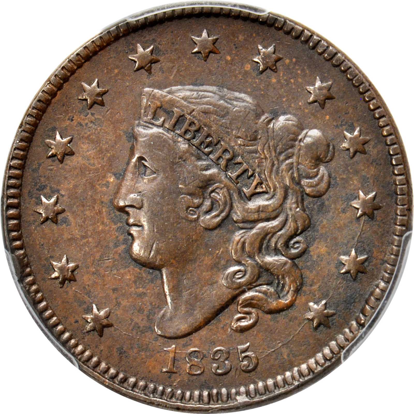image for: 1835 Matron Head Cent. N-18. Rarity-4+. Small 8, Small Stars. Noyes Die State D/A. VF Details--Environmental Damage (PCGS).