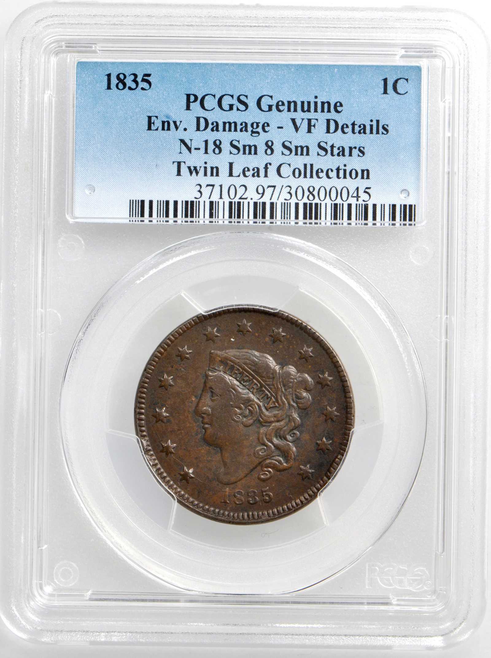 image for: 1835 Matron Head Cent. N-18. Rarity-4+. Small 8, Small Stars. Noyes Die State D/A. VF Details--Environmental Damage (PCGS).