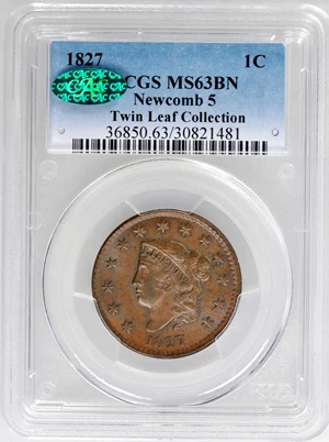 image for: 1827 Matron Head Cent. N-5. Rarity-2. Noyes Die State B/B. MS-63 BN (PCGS). CAC.