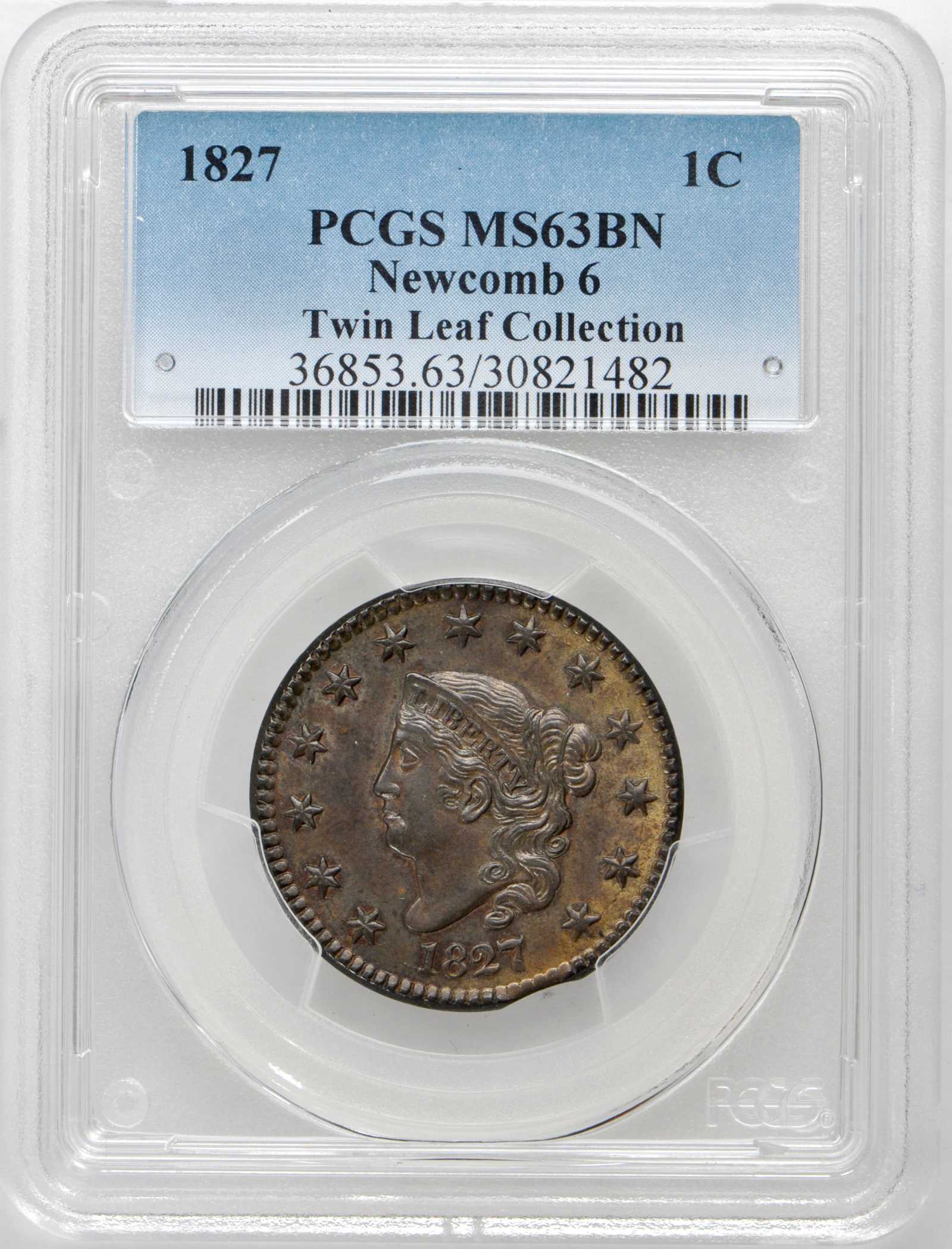 image for: 1827 Matron Head Cent. N-6. Rarity-3. Noyes Die State C/A. MS-63 BN (PCGS).