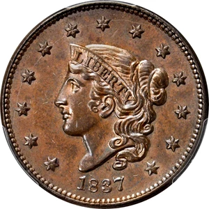 image for: 1837 Modified Matron Head Cent. N-4. Rarity-2. Plain Cord, Medium Letters. Noyes Die State B/C. MS-63 BN (PCGS). CAC.