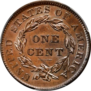 image for: 1837 Modified Matron Head Cent. N-4. Rarity-2. Plain Cord, Medium Letters. Noyes Die State B/C. MS-63 BN (PCGS). CAC.