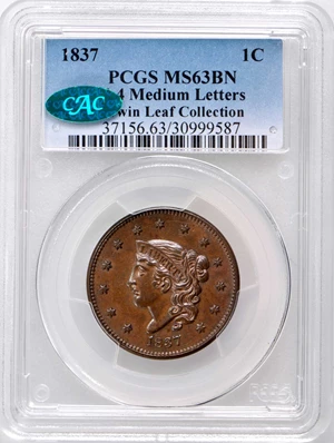 image for: 1837 Modified Matron Head Cent. N-4. Rarity-2. Plain Cord, Medium Letters. Noyes Die State B/C. MS-63 BN (PCGS). CAC.