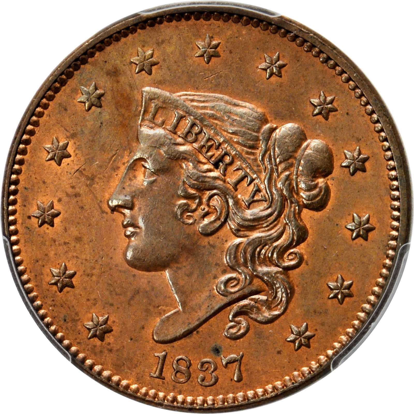 image for: 1837 Modified Matron Head Cent. N-6. Rarity-2. Plain Cord, Medium Letters. Noyes Die State A/A. Unc Details--Spot Removed (PCGS).