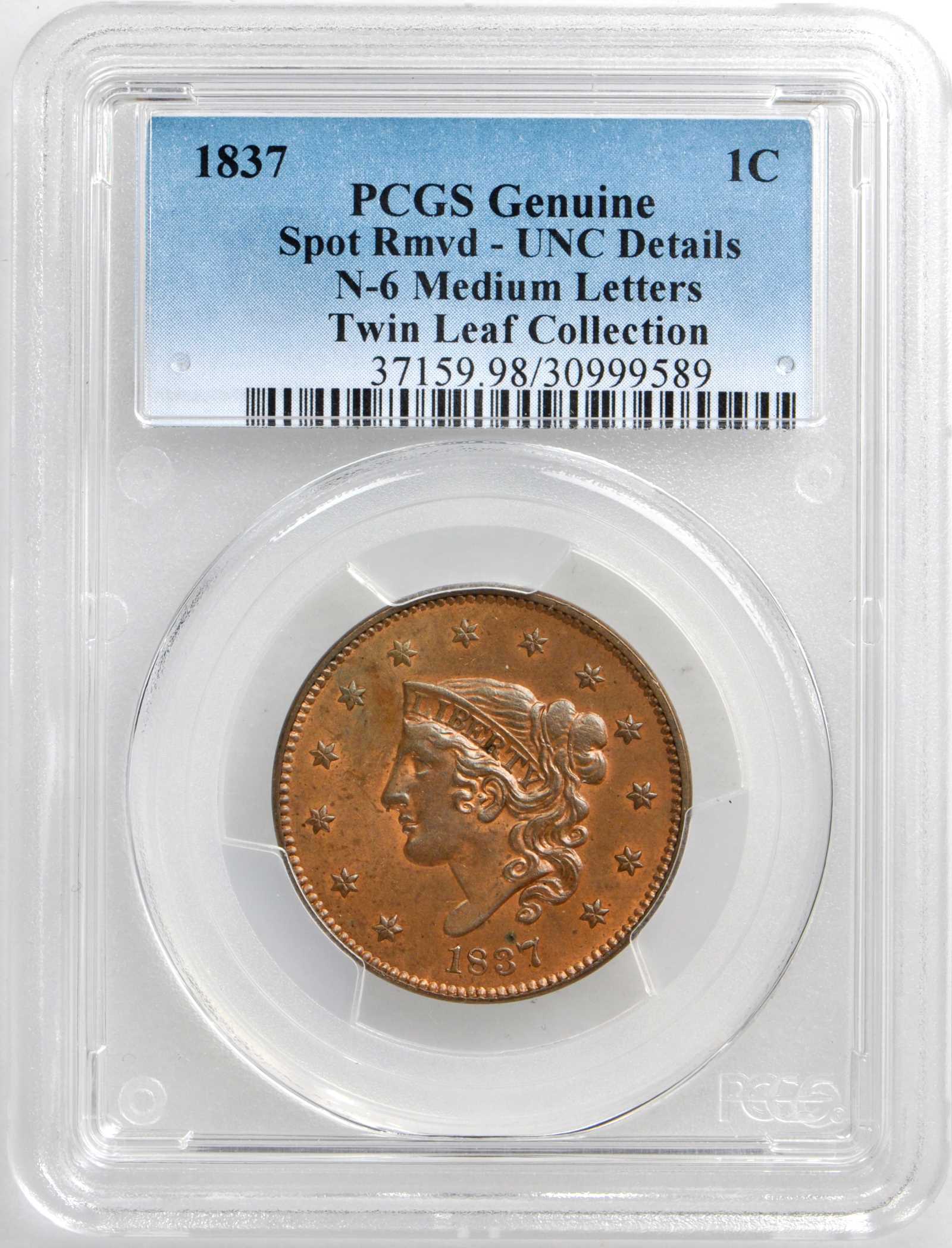 image for: 1837 Modified Matron Head Cent. N-6. Rarity-2. Plain Cord, Medium Letters. Noyes Die State A/A. Unc Details--Spot Removed (PCGS).
