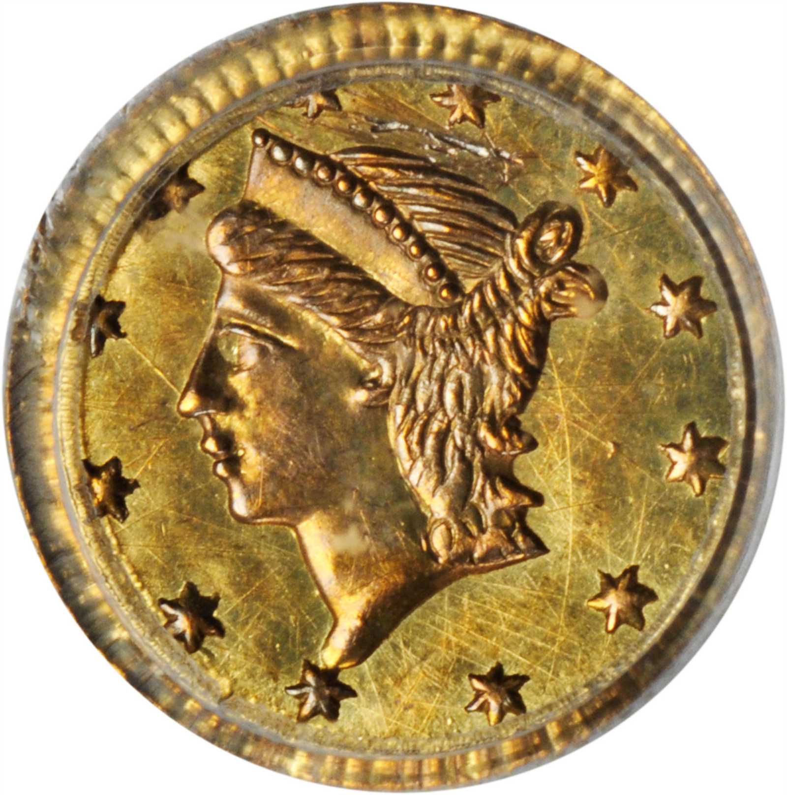 image for: Undated (1853-1854) Round 25 Cents. BG-223. Rarity-4-. Liberty Head. MS-62 (PCGS). OGH.
