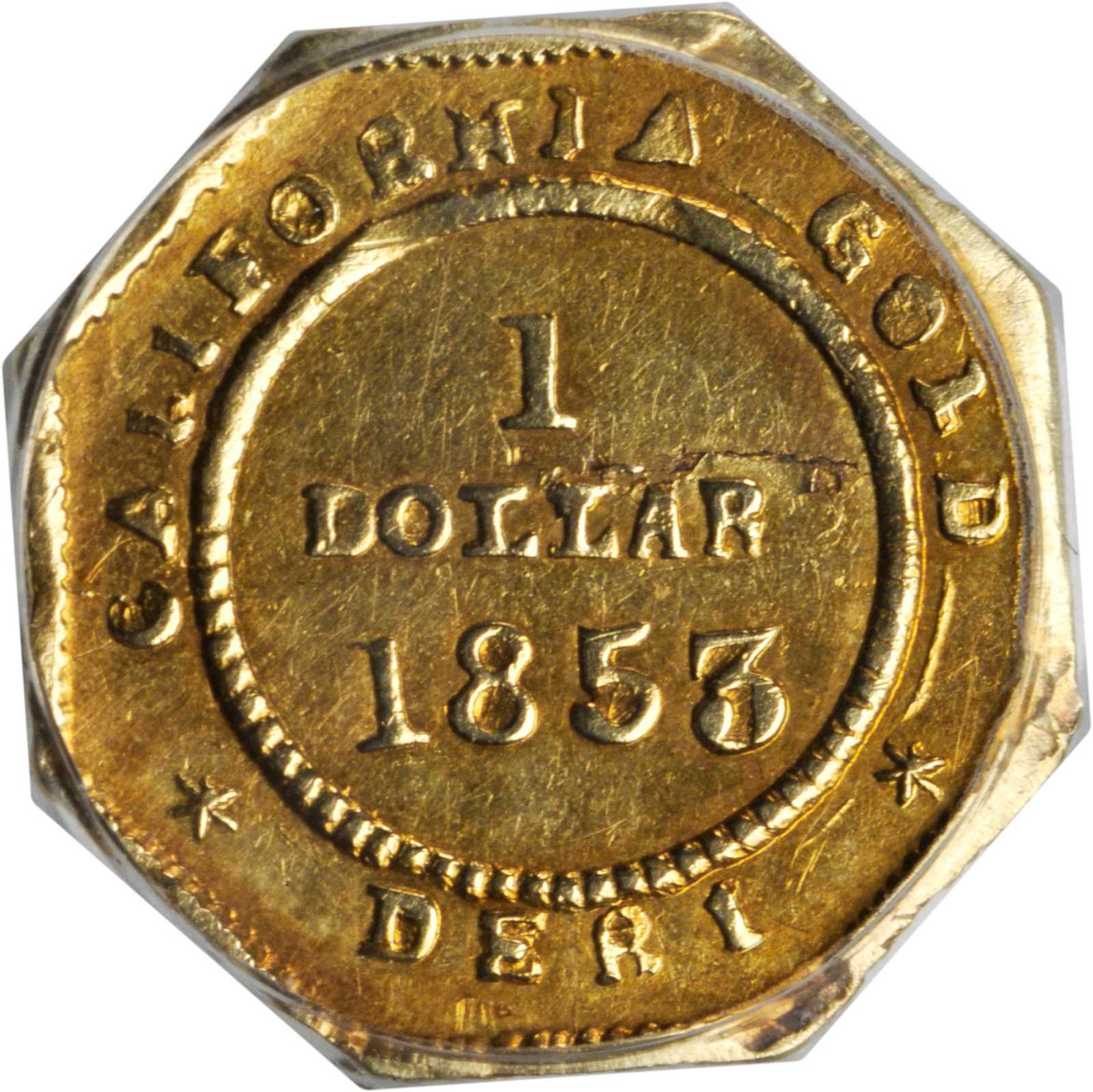 image for: 1853-DERI Octagonal $1. BG-518. Rarity-5. Liberty Head. EF Details--Cleaning (PCGS).