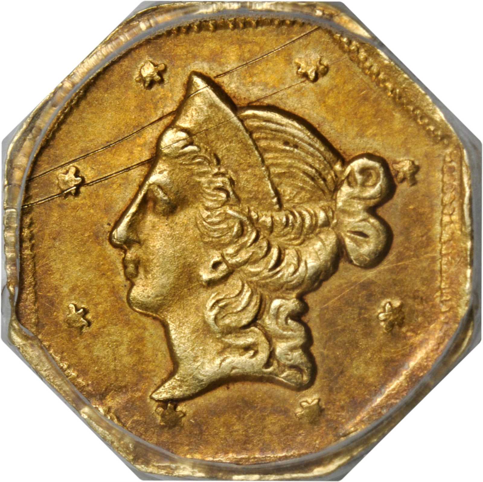 image for: 1853-DERI Octagonal $1. BG-519. Rarity-4-. Liberty Head. AU Details--Scratch (PCGS).