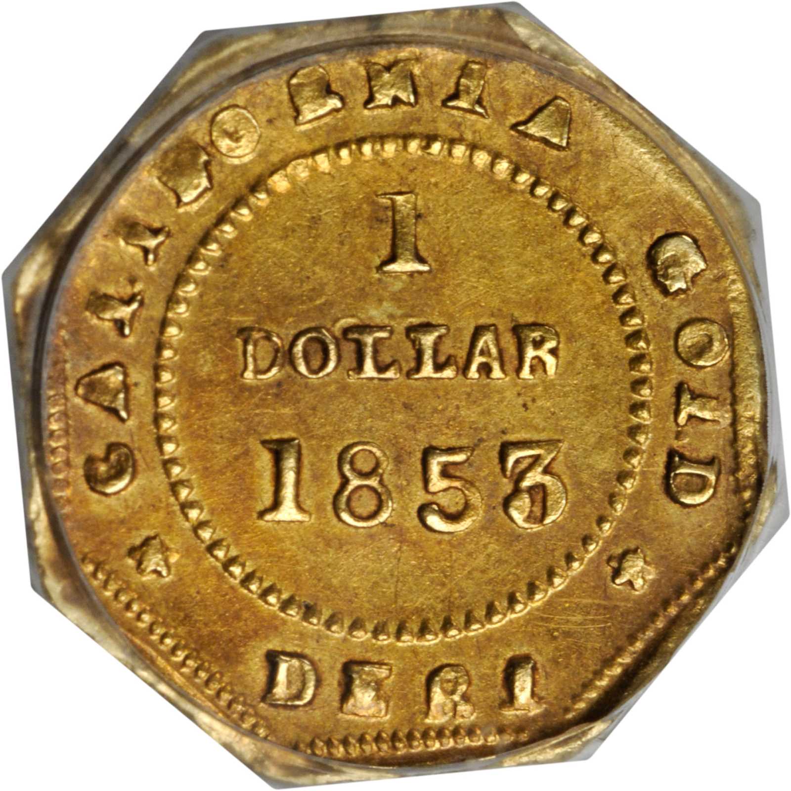 image for: 1853-DERI Octagonal $1. BG-519. Rarity-4-. Liberty Head. AU Details--Scratch (PCGS).